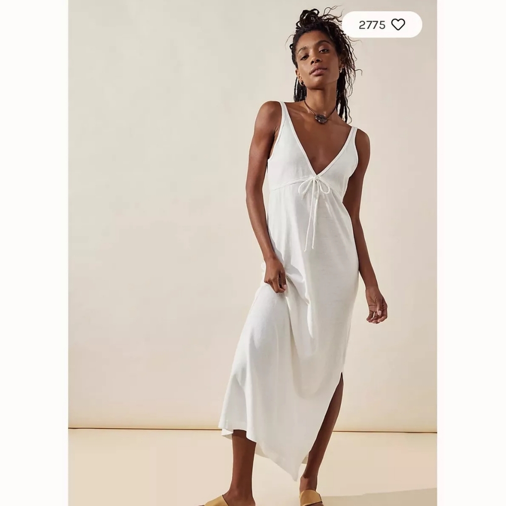 Free People White V-Neck Midi Dress